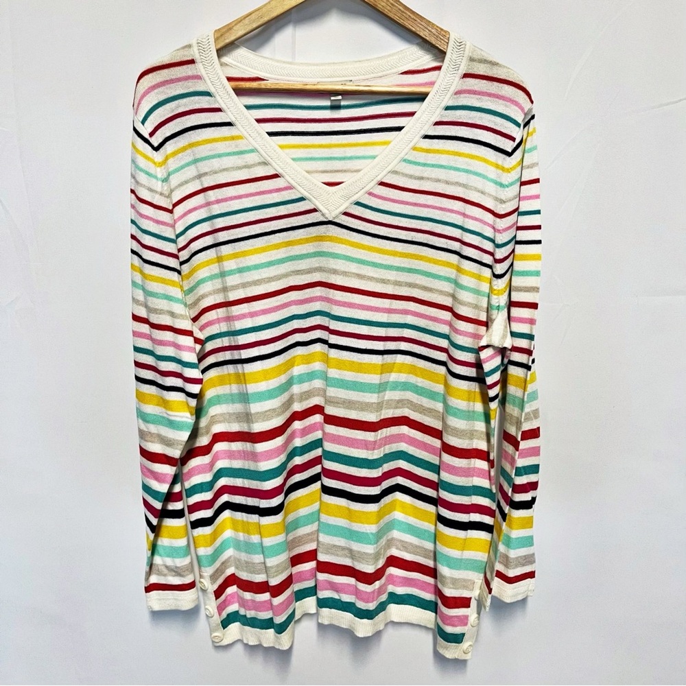 Talbots Woman White & Multicolor Rainbow Stripe V-Neck Sweater Plus Size 2X